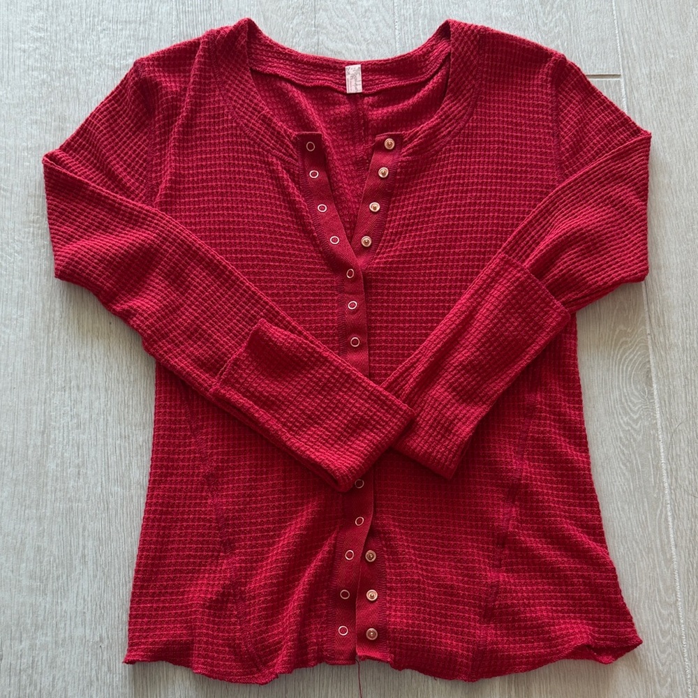 Free People Red Waffle-Knit Henley Long Sleeve Top